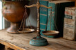 © barmaleeva - Old fashioned balance scale beside a stack of law books