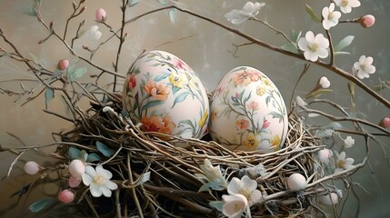 Decorative Easter eggs with floral patterns resting in a natural nest surrounded by blooming branches and blossoms.