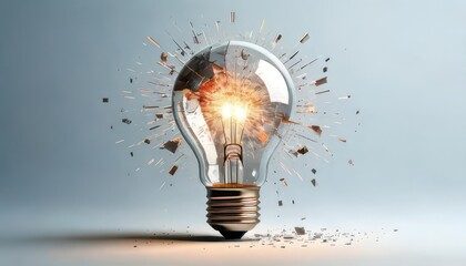 Fototapete - Bright idea concept. A glowing light bulb shattering, symbolizing innovation and explosive ideas.