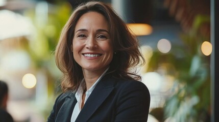 Poster - A woman is smiling and wearing a black suit