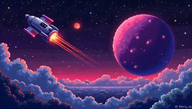 A craft flies gracefully above the clouds, capturing the imagination with its unique silhouette against the sky. Pixel art