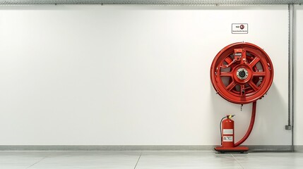 Poster - a bright red fire hose reel mounted on a clean white wall with visible safety signage providing a mo