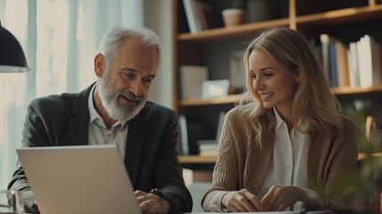 Poster - A man and a woman are sitting at a desk with a laptop