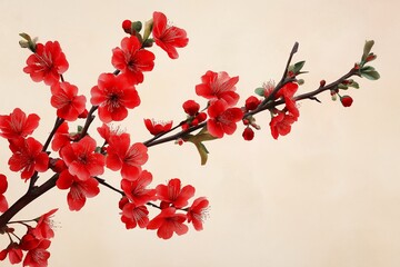 Poster - A minimalist Japanese-inspired cherry blossom branch against a cream canvas