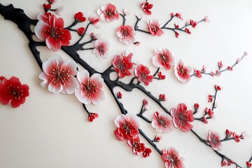 Poster - A minimalist Japanese-inspired cherry blossom branch against a cream canvas