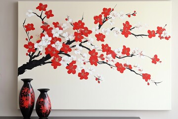 Poster - A minimalist Japanese-inspired cherry blossom branch against a cream canvas
