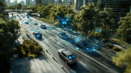 Poster - Futuristic city highway with self-driving cars and digital interface.