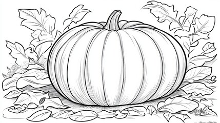 Wall Mural - Isolated Line Art Pumpkin Illustration, Autumn Coloring Page. Single Object on White Background.