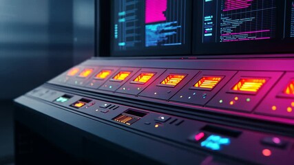 Poster - High-Tech Control Panel with Neon Lights and Digital Display in Modern Setting