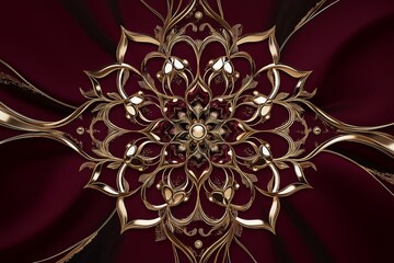 Poster - A mandala design in soft gold over a deep maroon background.