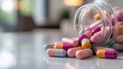 A close-up view of colorful capsules spilled from a jar on a table, symbolizing health and medication.