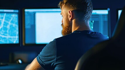 Aufkleber - Young Man Working with Multiple Monitors in Dark Room for Tech Projects