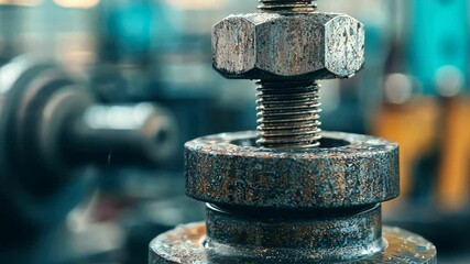Poster - Heavy Metal Bolt and Nut in Industrial Workshop with Close-Up Focus and Texture