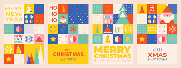 Aufkleber - Merry Christmas and Happy New Year posters or cards in geometric style. Winter playful design for greeting cards, posters, holiday cover, banner in swiss style. Vector illustration