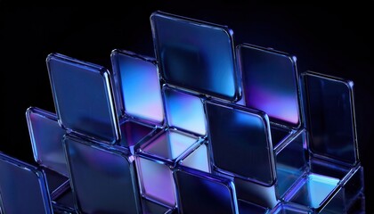 Aufkleber - Iridescent Glass Cubes in Dynamic Blue and Purple Tones with a Modern, Abstract 3D Design for Technology and Innovation Backgrounds, Creative Marketing Banners, and Futuristic Digital Concepts