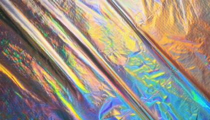 Poster - Vibrant Iridescent Rainbow Holographic Texture Background with Abstract Colorful Light Reflections in Gold, Blue, and Green. Perfect for Design Projects, Visual Art, Branding, or Digital Graphics
