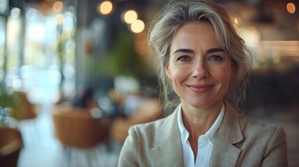 Poster - A woman is smiling and wearing a white shirt and a tan jacket