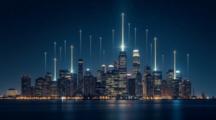 Poster - A Stunning Glowing City Skyline at Night, Symbolizing Diverse Income Streams from Real Estate, Investments, and Side Hustles for Financial Growth