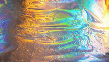 Poster - Vibrant Iridescent Rainbow Holographic Texture Background with Abstract Colorful Light Reflections in Gold, Blue, and Green. Perfect for Design Projects, Visual Art, Branding, or Digital Graphics
