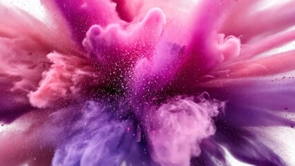 Poster - Pink and purple powder splash particles exploding, creating a vibrant cloud on a white background, perfect for various design projects Paint holi