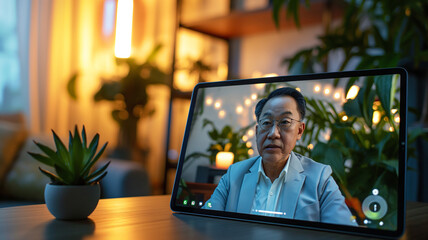 Aufkleber - This professional leads a digital therapy session on a tablet in a cozy, calming atmosphere.