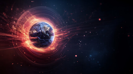 Poster - colorful depiction of earth surrounded by vibrant cosmic energy and swirling particles in a dark spa