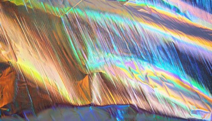 Poster - Vibrant Iridescent Rainbow Holographic Texture Background with Abstract Colorful Light Reflections in Gold, Blue, and Green. Perfect for Design Projects, Visual Art, Branding, or Digital Graphics