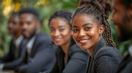 Poster - A woman with a smile on her face is sitting in a group of people