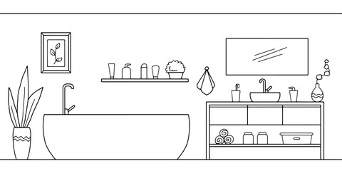 Fototapete - Bathroom graphic home interior black white sketch illustration vector 