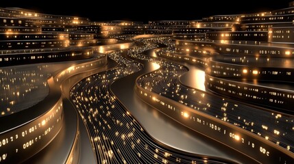 Fototapete - A swirling data stream emits vibrant yellow and orange light while creating a mesmerizing effect with depth-of-field and bokeh blur