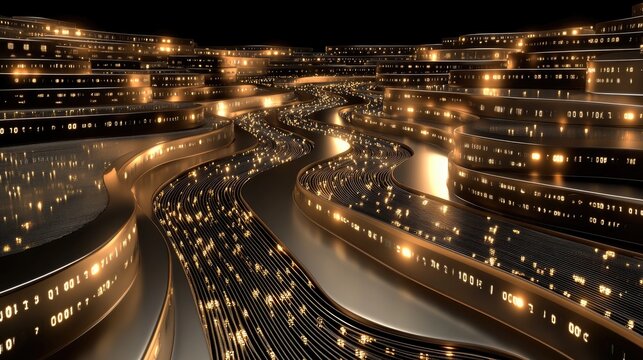 A swirling data stream emits vibrant yellow and orange light while creating a mesmerizing effect with depth-of-field and bokeh blur