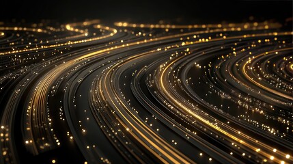 Fototapete - A swirling data stream emits vibrant yellow and orange light while creating a mesmerizing effect with depth-of-field and bokeh blur