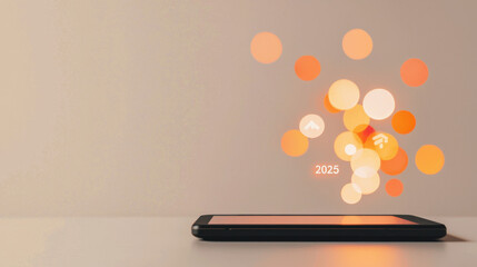 Poster - 2025 Bucket List concept. Smartphone with glowing icons and bubbles representing future goals for 2025