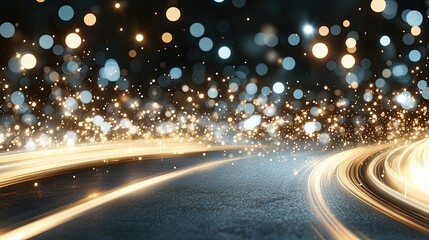 Fototapete - A swirling data stream emits vibrant yellow and orange light while creating a mesmerizing effect with depth-of-field and bokeh blur