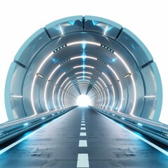 Poster - Empty futuristic tunnel with metallic panels and blue lights leading to a bright light