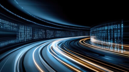 Fototapete - A swirling data stream emits vibrant yellow and orange light while creating a mesmerizing effect with depth-of-field and bokeh blur