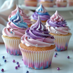 Poster - On a white table are six cupcakes in a pale pink and purple color with a white background.