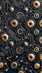 Poster - Dark Blue Circuit Board Technology Background Perspective View With Gold Connections And Components