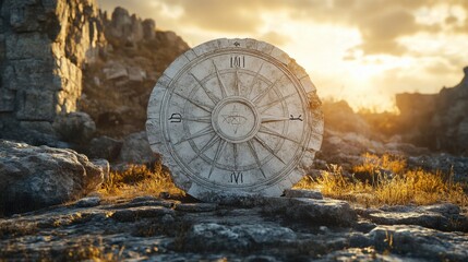 Ancient stone sundial stands proudly amidst rugged terrain at sunset, casting shadows of time and history