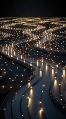 Fototapete - A swirling data stream emits vibrant yellow and orange light while creating a mesmerizing effect with depth-of-field and bokeh blur