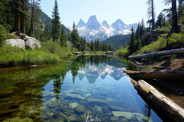 Poster - A crystal-clear alpine lake surrounded by jagged snow-capped peaks