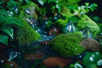 Poster - A close-up of vibrant moss-covered rocks in a hidden forest stream