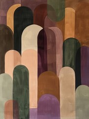 Poster - An arrangement of rounded, vertical shapes in various colors, including shades of brown, beige, green, and purple