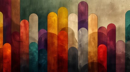 Poster - An arrangement of rounded, vertical shapes in various colors, including shades of brown, beige, green, and purple