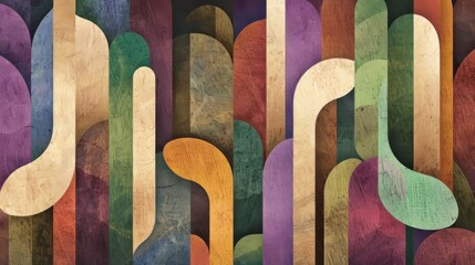 Poster - An arrangement of rounded, vertical shapes in various colors, including shades of brown, beige, green, and purple
