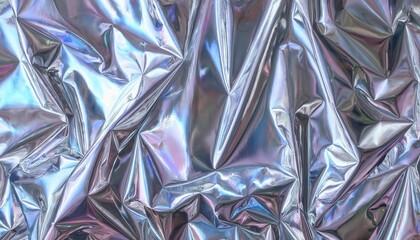 Poster - Iridescent Metallic Fabric Texture: Shiny, Wrinkled Silver Holographic Cloth Background for Fashion Design, Futuristic Themes, Abstract Art, Product Mockups, Party Decor, and Digital Projects