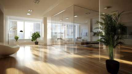 Poster - Modern office interior with abundant natural light and sleek design elements in a spacious environment