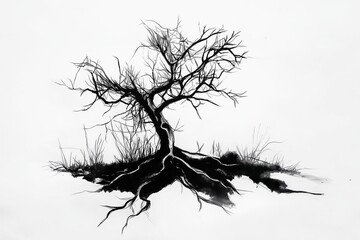 Poster - A black-and-white minimalist line drawing of a leafless tree. 