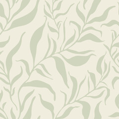 Elegant olive leaves branch abstract seamless pattern. Leaf modern art background. Organic shapes design for summer prints, cover, home deco wallpaper, social media post, story. Vector art