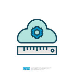 Poster - The image features a cloud symbol with a gear inside, accompanied by a ruler, representing concepts of cloud computing and measurement.